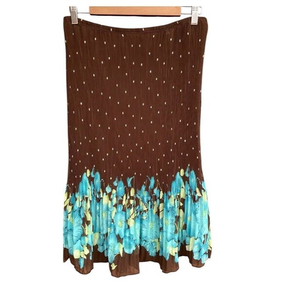 Vtg 90s 4 U Design midi skirt Sz XL brown polka dots pleated turquoise floral - Picture 4 of 9